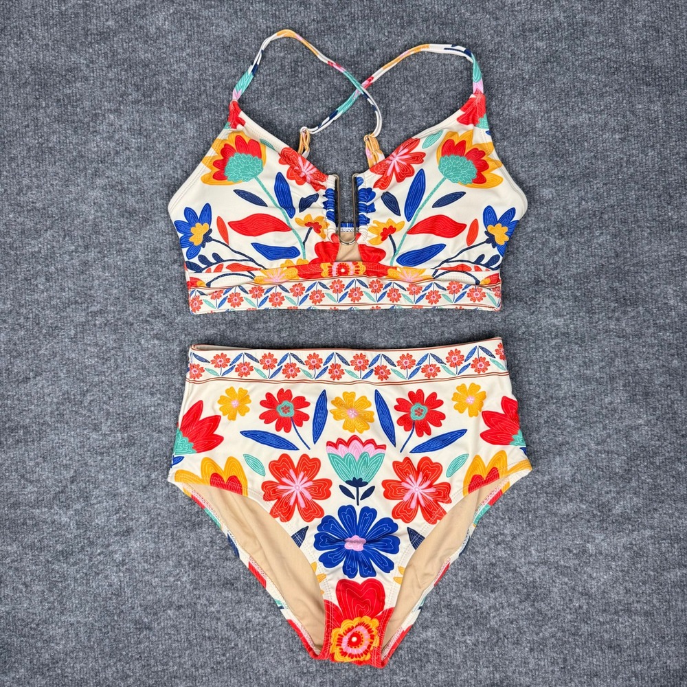 NWOT Herseas Floral High Waisted Bikini Set Cream Red Blue Yellow U-Ring Size M